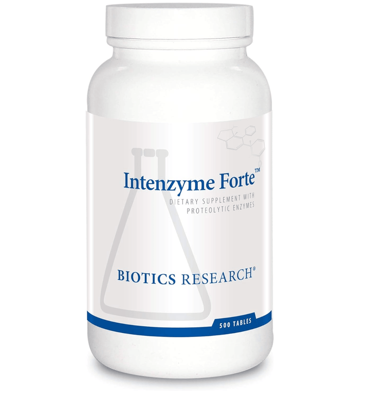 Biotics Research Intenzyme Forte dietary supplement bottle featuring white packaging with blue accents, a laboratory beaker graphic, and a 500 tablets count.