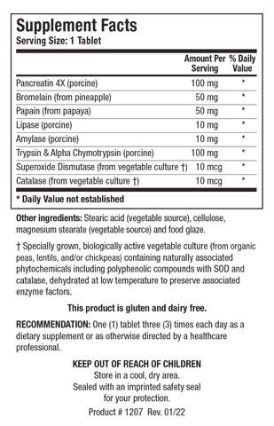 Supplement Facts label for Intenzyme Forte showing a serving size of 1 tablet, containing Pancreatin 4X, Bromelain, Papain, Lipase, Amylase, Trypsin & Alpha Chymotrypsin, Superoxide Dismutase, and Catalase.