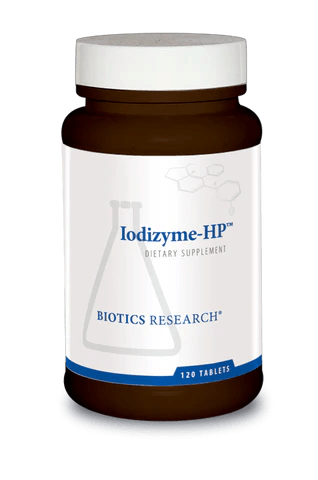 Biotics Research Iodizyme-HP dietary supplement bottle featuring an amber bottle with a white cap, white label with blue accents, a laboratory beaker graphic, and a 120 tablets count.