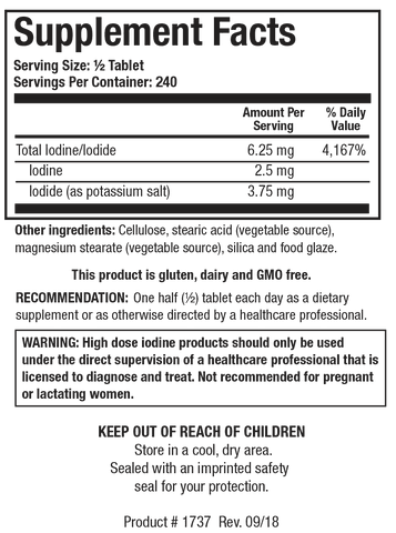 Supplement Facts label for Iodizyme-HP showing 240 servings per container with a serving size of 1/2 tablet, containing 6.25 mg of total iodine/iodide including 2.5 mg of iodine and 3.75 mg of iodide as potassium salt.