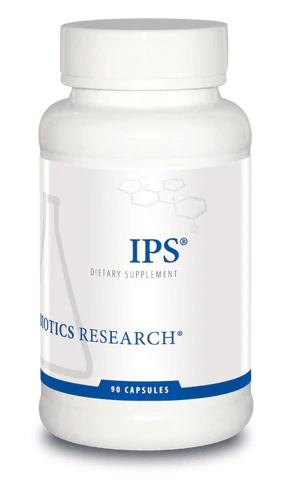 Biotics Research IPS dietary supplement bottle featuring white packaging with blue accents, a laboratory beaker graphic, and a 90 capsules count.