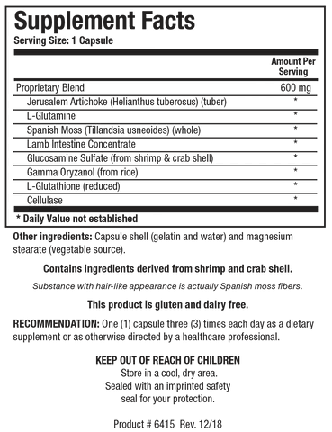 Supplement Facts label for IPS showing a serving size of 1 capsule, containing a 600 mg proprietary blend of Jerusalem Artichoke, L-Glutamine, Spanish Moss, Lamb Intestine Concentrate, Glucosamine Sulfate, Gamma Oryzanol, L-Glutathione, and Cellulase.