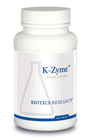 Biotics Research K-Zyme dietary supplement bottle featuring white packaging with blue accents, a laboratory beaker graphic, and a 100 tablets count.