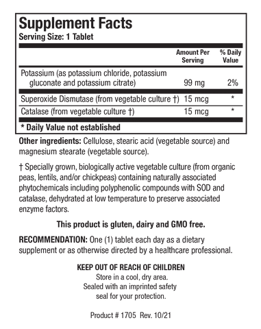 Supplement Facts label for K-Zyme showing a serving size of 1 tablet, containing 99 mg of Potassium, 15 mcg of Superoxide Dismutase, and 15 mcg of Catalase from a specially grown vegetable culture.