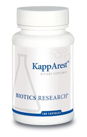 Biotics Research KappArest dietary supplement bottle featuring white packaging with blue accents, a laboratory beaker graphic, and a 180 capsules count.