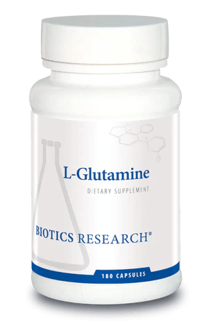 Biotics Research L-Glutamine dietary supplement bottle featuring white packaging with blue accents, a laboratory beaker graphic, and a 180 capsules count
