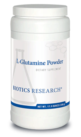 Biotics Research L-Glutamine Powder dietary supplement container featuring white packaging with blue accents, a laboratory beaker graphic, and a net weight of 17.9 ounces (500 g).