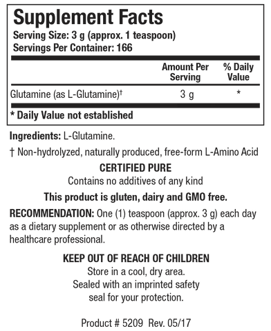 Supplement Facts label for L-Glutamine Powder showing 166 servings per container with a serving size of 3 g (approx. 1 teaspoon), containing 3 g of Glutamine as L-Glutamine.
