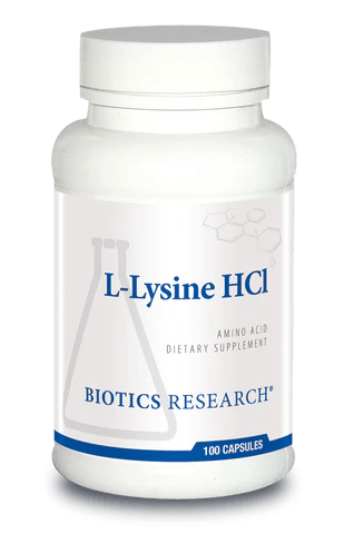 Biotics Research L-Lysine HCl amino acid dietary supplement bottle featuring white packaging with blue accents, a laboratory beaker graphic, and a 100 capsules count.