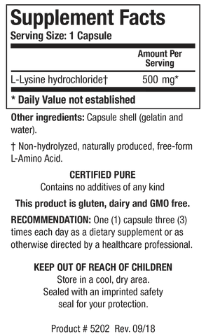 Supplement Facts label for L-Lysine HCl showing a serving size of 1 capsule, containing 500 mg of L-Lysine hydrochloride as a non-hydrolyzed, naturally produced, free-form L-amino acid.