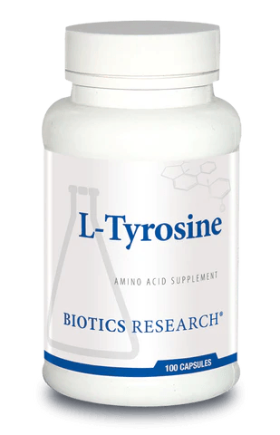 Biotics Research L-Tyrosine amino acid supplement bottle featuring white packaging with blue accents, a laboratory beaker graphic, and a 100 capsules count.