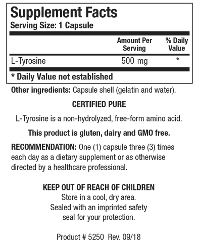 Supplement Facts label for L-Tyrosine showing a serving size of 1 capsule, containing 500 mg of L-Tyrosine as a non-hydrolyzed, free-form amino acid.