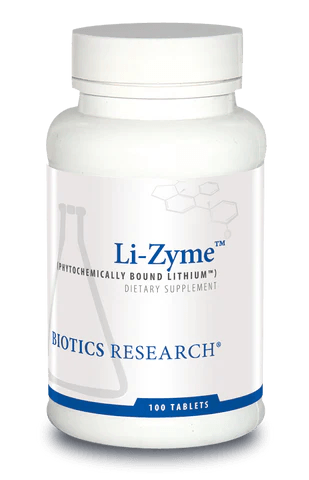 Biotics Research Li-Zyme dietary supplement bottle featuring white packaging with blue accents, a laboratory beaker graphic, and a 100 tablets count.