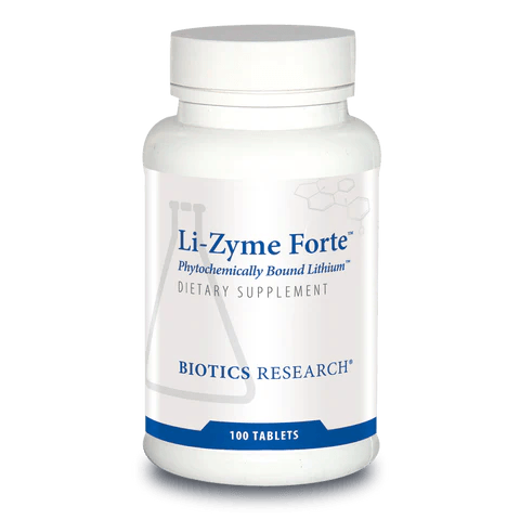 Biotics Research Li-Zyme Forte dietary supplement bottle featuring white packaging with blue accents, a laboratory beaker graphic, and a 100 tablets count.