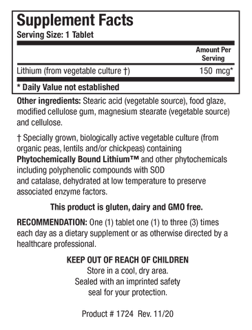 Supplement Facts label for Li-Zyme Forte showing a serving size of 1 tablet, containing 150 mcg of Lithium from a biologically active vegetable culture containing Phytochemically Bound Lithium.