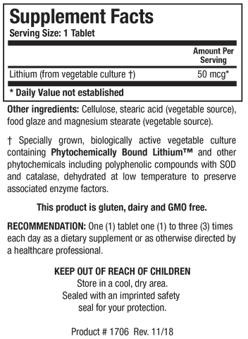 Supplement Facts label for Li-Zyme showing a serving size of 1 tablet, containing 50 mcg of Lithium from a specially grown vegetable culture containing Phytochemically Bound Lithium