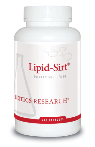 Biotics Research Lipid-Sirt dietary supplement bottle featuring white packaging with red accents, a laboratory beaker graphic, and a 240 capsules count.