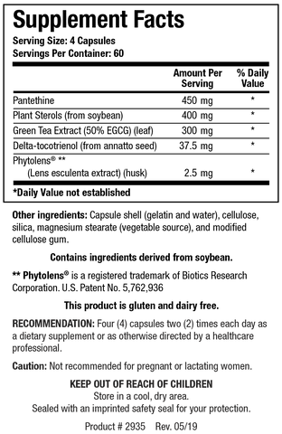 Supplement Facts label for Lipid-Sirt showing 60 servings per container with a serving size of 4 capsules, containing Pantethine, Plant Sterols, Green Tea Extract, Delta-tocotrienol, and Phytolens lens esculenta extract.