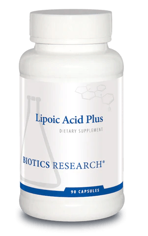 Biotics Research Lipoic Acid Plus dietary supplement bottle featuring white packaging with blue accents, a laboratory beaker graphic, and a 90 capsules count.