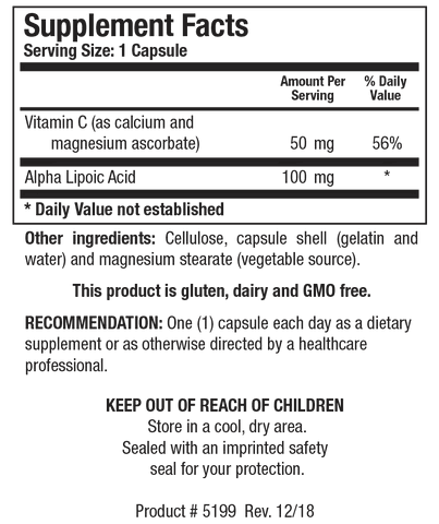 Supplement Facts label for Lipoic Acid Plus showing a serving size of 1 capsule, containing 50 mg (56% Daily Value) of Vitamin C as calcium and magnesium ascorbate, and 100 mg of Alpha Lipoic Acid.