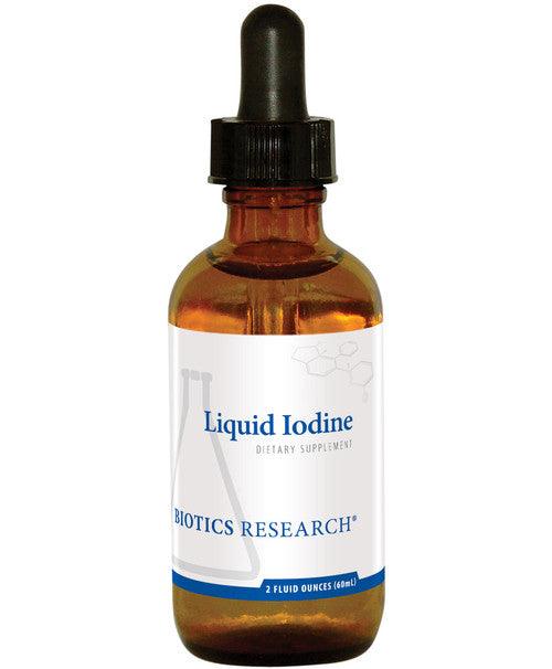 Biotics Research Liquid Iodine dietary supplement amber glass dropper bottle featuring white packaging with blue accents, a laboratory beaker graphic, and a 2 fluid ounces (60 mL) volume.