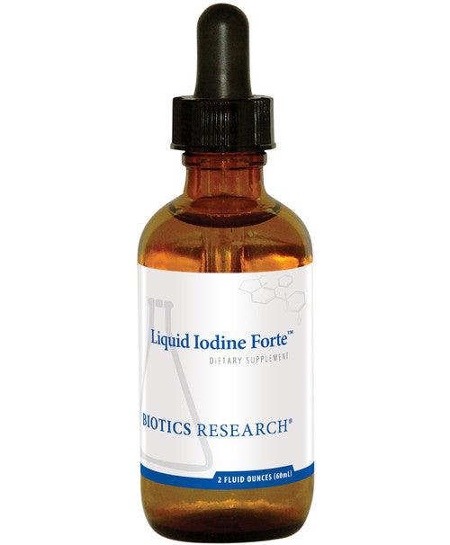 Biotics Research Liquid Iodine Forte dietary supplement amber glass dropper bottle featuring white packaging with blue accents, a laboratory beaker graphic, and a 2 fluid ounces (60 mL) volume.