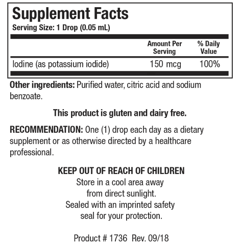 Supplement Facts label for Liquid Iodine Forte showing a serving size of 1 drop (0.05 mL), containing 150 mcg (100% Daily Value) of Iodine as potassium iodide.