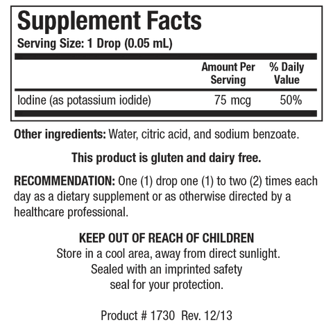 Supplement Facts label for Liquid Iodine showing a serving size of 1 drop (0.05 mL), containing 75 mcg (50% Daily Value) of Iodine as potassium iodide.
