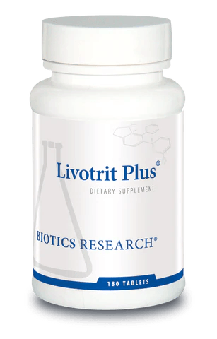 Biotics Research Livotrit Plus dietary supplement bottle featuring white packaging with blue accents, a laboratory beaker graphic, and a 180 tablets count.
