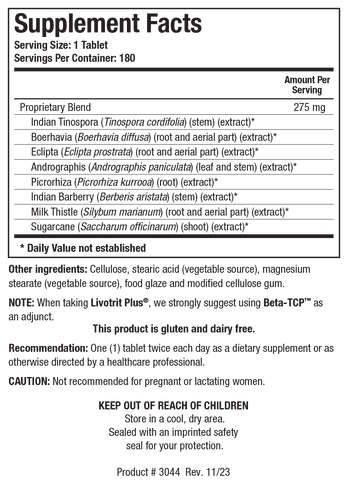 Supplement Facts label for Livotrit Plus showing 180 servings per container with a serving size of 1 tablet, containing a 275 mg proprietary blend of Indian Tinospora, Boerhavia, Eclipta, Andrographis, Picrorhiza, Indian Barberry, Milk Thistle, and Sugarcane extracts.