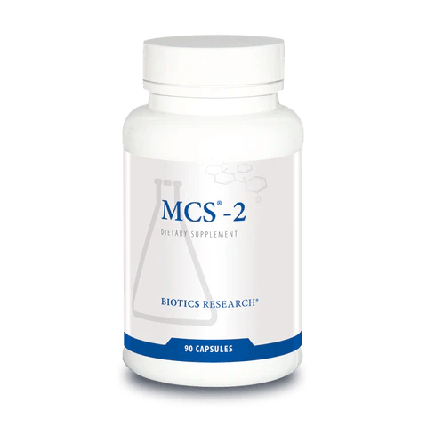 Biotics Research MCS-2 dietary supplement bottle featuring white packaging with blue accents, a laboratory beaker graphic, and a 90 capsules count.