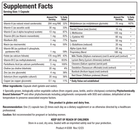 Supplement Facts label for MCS-2 showing a serving size of 1 capsule, containing key vitamins, minerals, amino acids, parotid tissue, and a 180 mg proprietary herbal blend of milk thistle, lycium berry, cleavers, dandelion, burdock, and red clover.