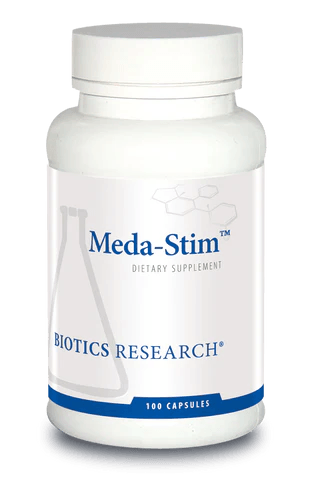 Biotics Research Meda-Stim dietary supplement bottle featuring white packaging with blue accents, a laboratory beaker graphic, and a 100 capsules count.