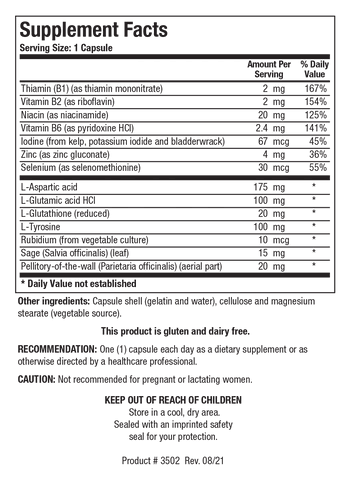 Supplement Facts label for Meda-Stim showing a serving size of 1 capsule, containing Thiamin, Riboflavin, Niacin, Vitamin B6, Iodine, Zinc, Selenium, L-Aspartic acid, L-Glutamic acid HCl, L-Glutathione, L-Tyrosine, Rubidium, Sage, and Pellitory-of-the-wall.