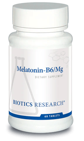 Biotics Research Melatonin-B6/Mg dietary supplement bottle featuring white packaging with blue accents, a laboratory beaker graphic, and a 60 tablets count