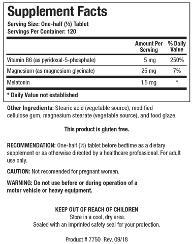 Supplement Facts label for Melatonin-B6/Mg showing 120 servings per container with a serving size of one-half (1/2) tablet, containing 5 mg (250% Daily Value) of Vitamin B6 as pyridoxal-5-phosphate, 25 mg (7% Daily Value) of Magnesium as magnesium glycinate, and 1.5 mg of Melatonin, including pregnancy caution and motor vehicle operation warnings.
