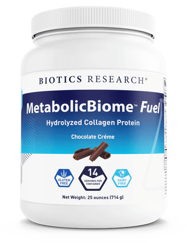 Biotics Research MetabolicBiome Fuel Hydrolyzed Collagen Protein powder tub in Chocolate Crème flavor, featuring white packaging with blue accents, chocolate graphics, and icons for gluten-free, 14 servings per container, and dairy-free with a net weight of 25 ounces (714 g).