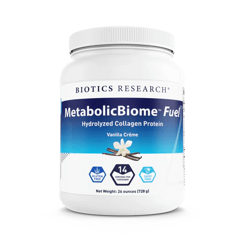Biotics Research MetabolicBiome Fuel Hydrolyzed Collagen Protein powder tub in Vanilla Crème flavor, featuring white packaging with blue accents, vanilla flower graphics, and icons for gluten-free, 14 servings per container, and dairy-free with a net weight of 26 ounces (728 g).