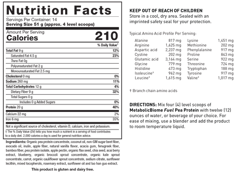 Nutrition Facts label for MetabolicBiome Fuel Hydrolyzed Collagen Protein (Vanilla Crème flavor) showing 14 servings per container with a serving size of 52 g (approx. 4 level scoops), providing 210 calories, 9 g total fat, 12 g total carbohydrates (9 g dietary fiber), 20 g protein, and a complete typical amino acid profile per serving.