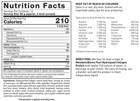 Nutrition Facts label for MetabolicBiome Fuel Hydrolyzed Collagen Protein (Vanilla Crème flavor) showing 14 servings per container with a serving size of 52 g (approx. 4 level scoops), providing 210 calories, 9 g total fat, 12 g total carbohydrates (9 g dietary fiber), 20 g protein, and a complete typical amino acid profile per serving.