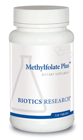 Biotics Research Methylfolate Plus dietary supplement bottle featuring white packaging with blue accents, a laboratory beaker graphic, and a 120 tablets count.