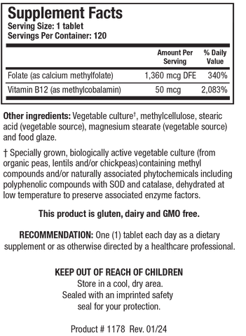 Supplement Facts label for Methylfolate Plus showing 120 servings per container with a serving size of 1 tablet, containing 1,360 mcg DFE (340% Daily Value) of Folate as calcium methylfolate and 50 mcg (2,083% Daily Value) of Vitamin B12 as methylcobalamin.