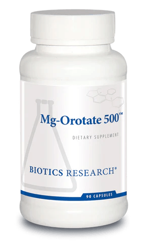 Biotics Research Mg-Orotate 500 dietary supplement bottle featuring white packaging with blue accents, a laboratory beaker graphic, and a 90 capsules count.