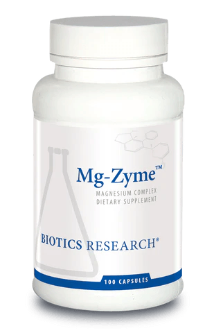 Biotics Research Mg-Zyme (Magnesium Complex) dietary supplement bottle featuring white packaging with blue accents, a laboratory beaker graphic, and a 100 capsules count.