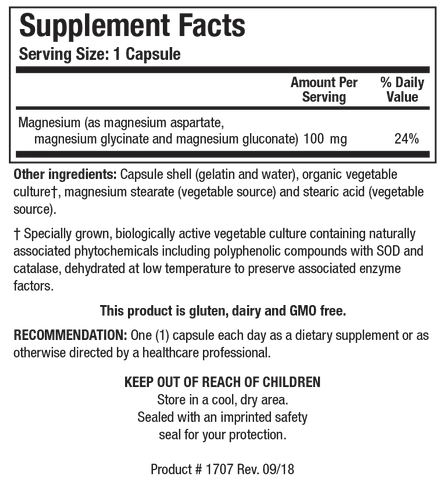 Supplement Facts label for Mg-Zyme showing a serving size of 1 capsule containing 100 mg (24% Daily Value) of Magnesium as magnesium aspartate, magnesium glycinate, and magnesium gluconate.