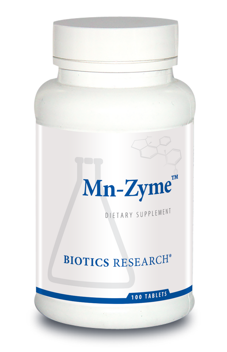 Biotics Research Mn-Zyme dietary supplement bottle featuring white packaging with blue accents, a beaker graphic, and 100 tablets count.