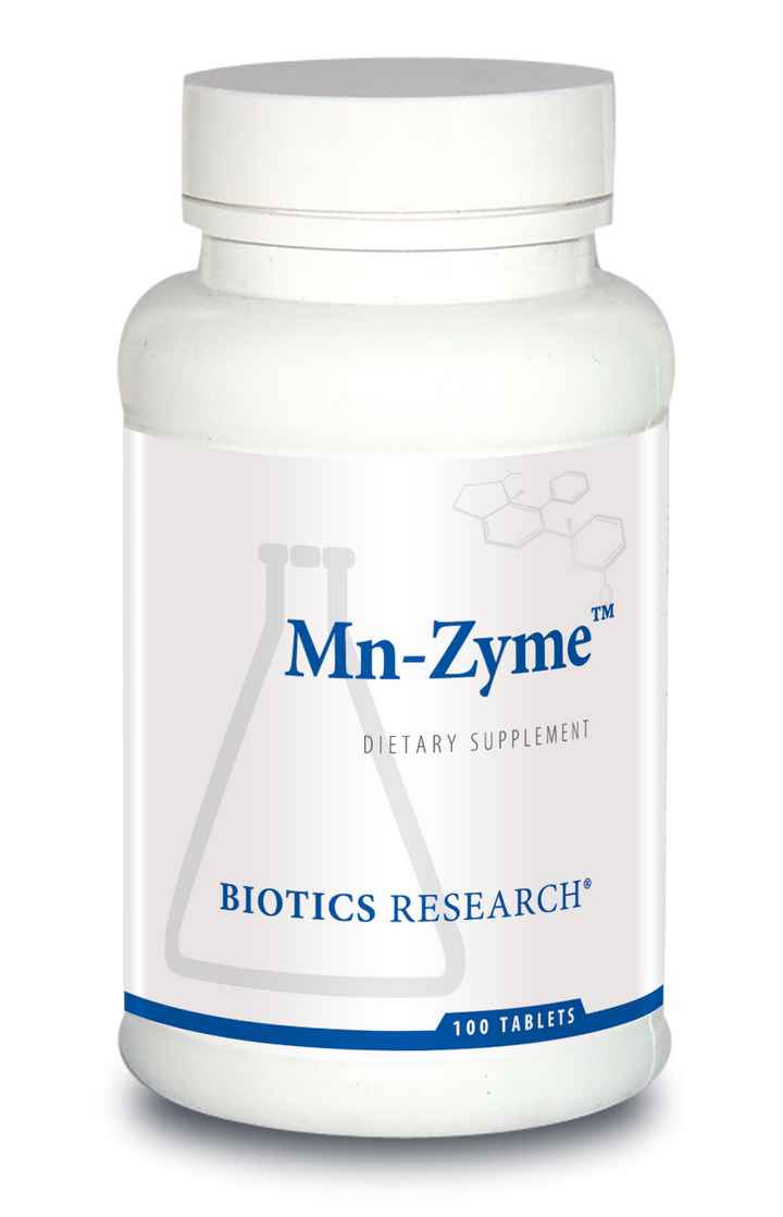 Biotics Research Mn-Zyme dietary supplement bottle featuring white packaging with blue accents, a beaker graphic, and 100 tablets count.