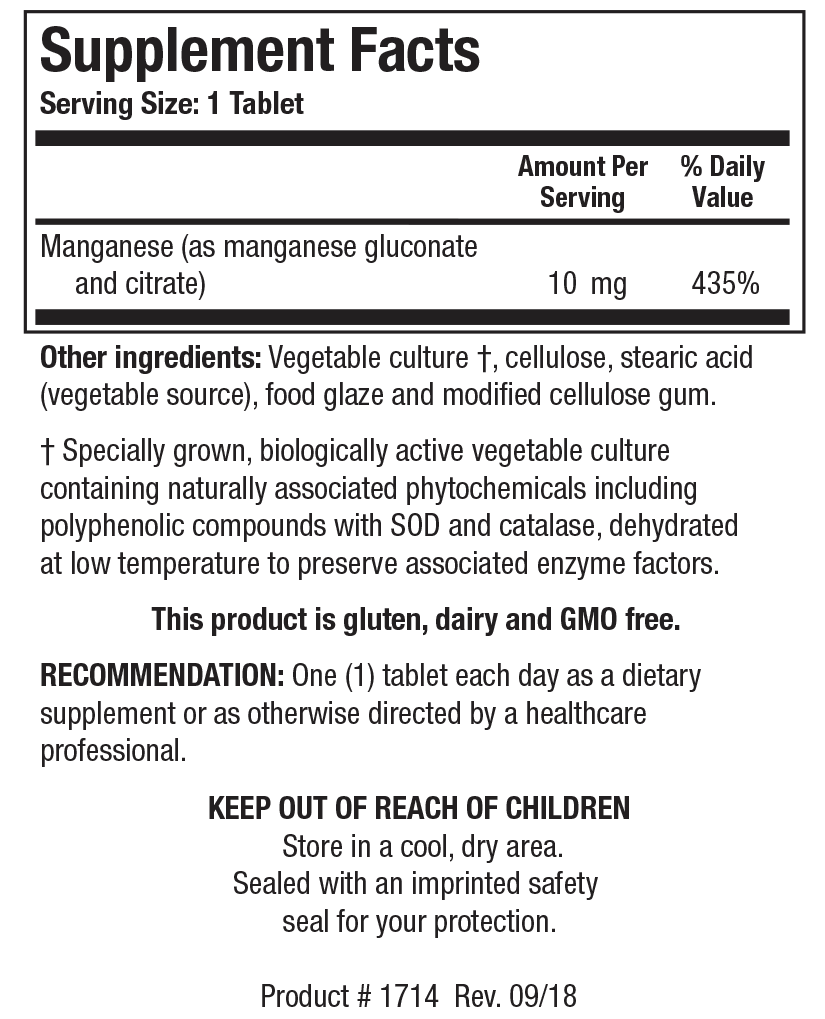 Supplement Facts label for Mn-Zyme showing a serving size of 1 tablet, detailing 10 mg Manganese as manganese gluconate and citrate (435% Daily Value) per serving.