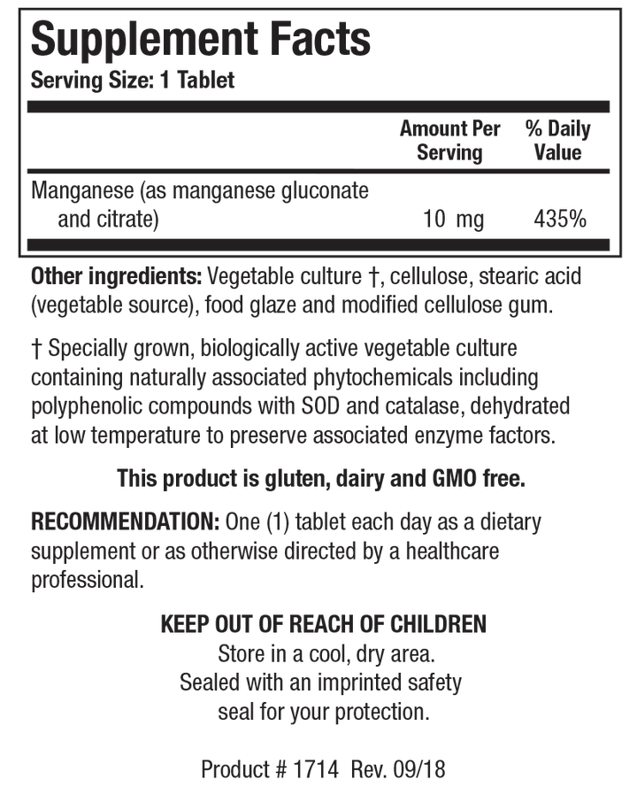 Supplement Facts label for Mn-Zyme showing a serving size of 1 tablet, detailing 10 mg Manganese as manganese gluconate and citrate (435% Daily Value) per serving.