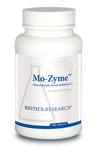 Biotics Research Mo-Zyme (Phytochemically Bound Molybdenum) dietary supplement bottle featuring white packaging with blue accents, a laboratory beaker graphic, and a 100 tablets count.